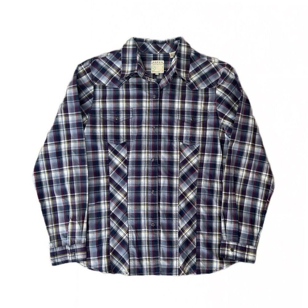 Roper Women's Long Sleeve Snap Blue Plaid Wester Shirt Cotton Pockets Size XL - Picture 2 of 8